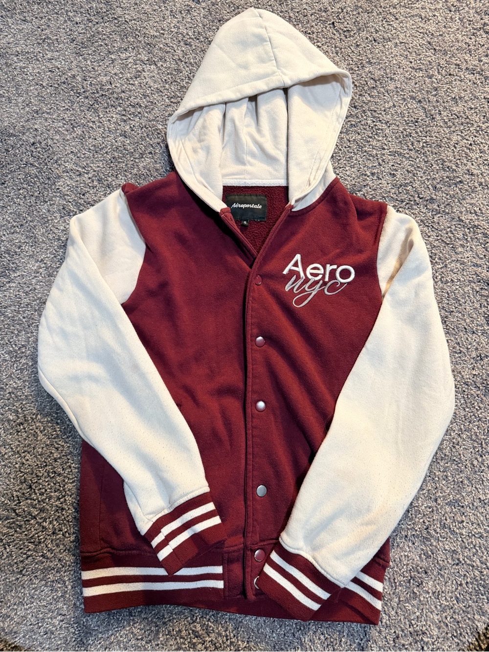 Aeropostale Hooded Varsity Jacket in Maroon and Cream